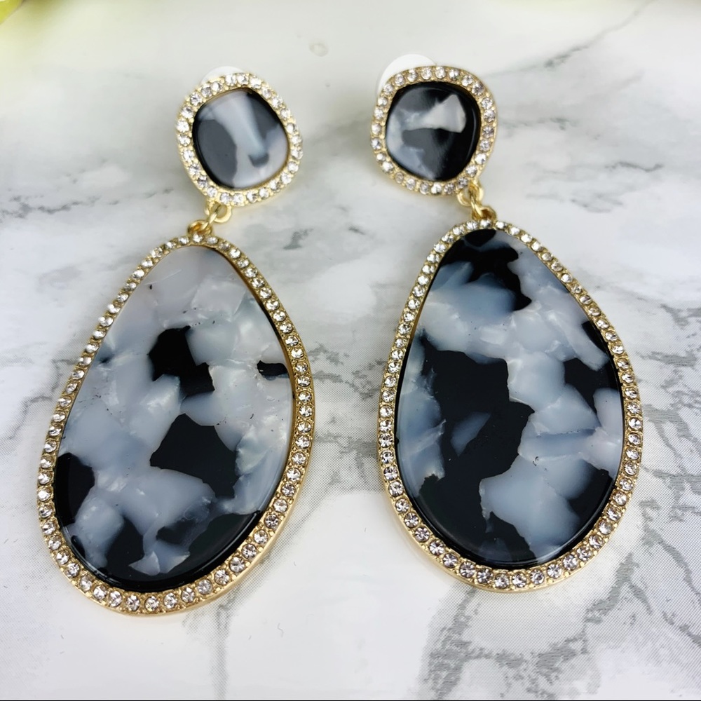 Pavé Crystal Pearl Black Gold Acrylic Earrings - Picture 6 of 9